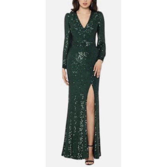 Xscape Dresses & Skirts - Xscape Long Sleeve Long V-Neck All Over Sequin Gown Hunter Size 18W